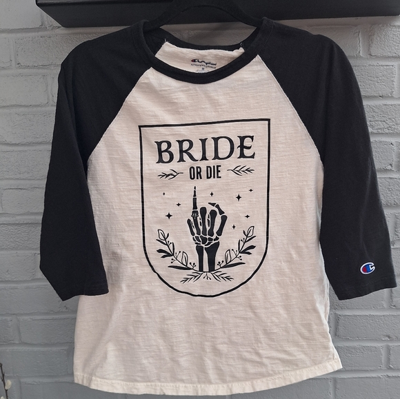 Champion Tops - 💀 BRIDE OR DIE raglan baseball 3/4 sleeve motorcycle t-shirt. Medium. Wedding.